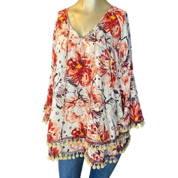 Soft Surroundings Blouse Floral Tassel POM POM trim boho festival Women medium - Picture 1 of 9